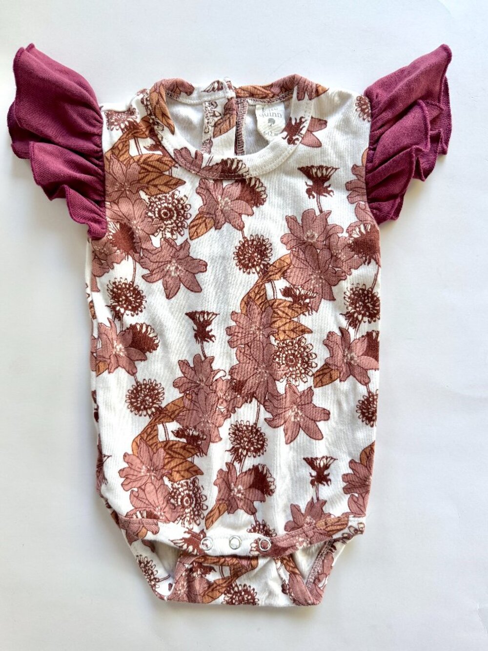 Kate Quinn Floral Flutter Sleeve Bodysuit Cream Mauve Berry 6-12M